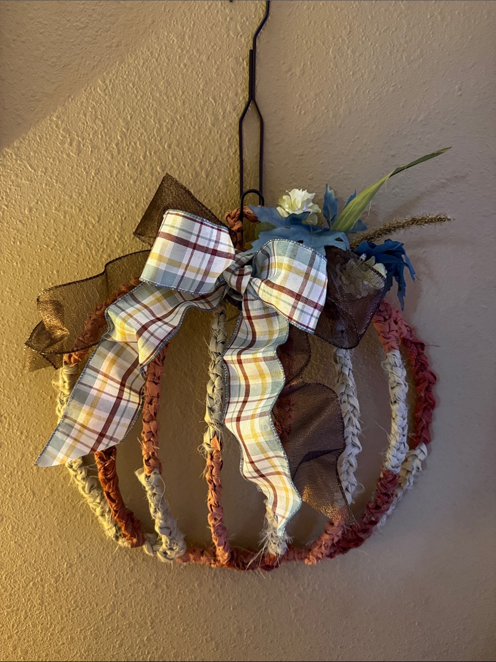 Handmade Fall Pumpkin Wreath with Plaid Bow — Cream, Tan & Rust